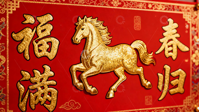 红色背景金色马年春联