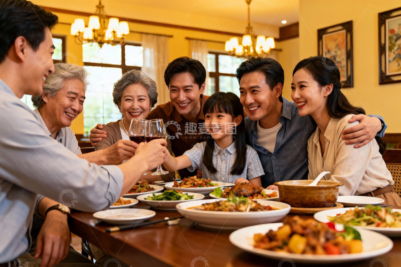 高清大图下载【趣麦麦图】三代同堂家庭聚餐温馨时刻