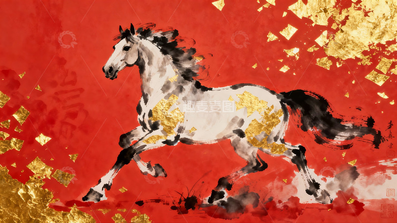 高清大图下载【趣麦麦图】奔腾骏马水墨画金箔点缀