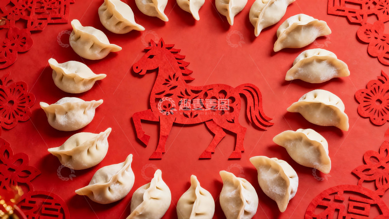 高清大图下载【趣麦麦图】春节饺子与剪纸马装饰