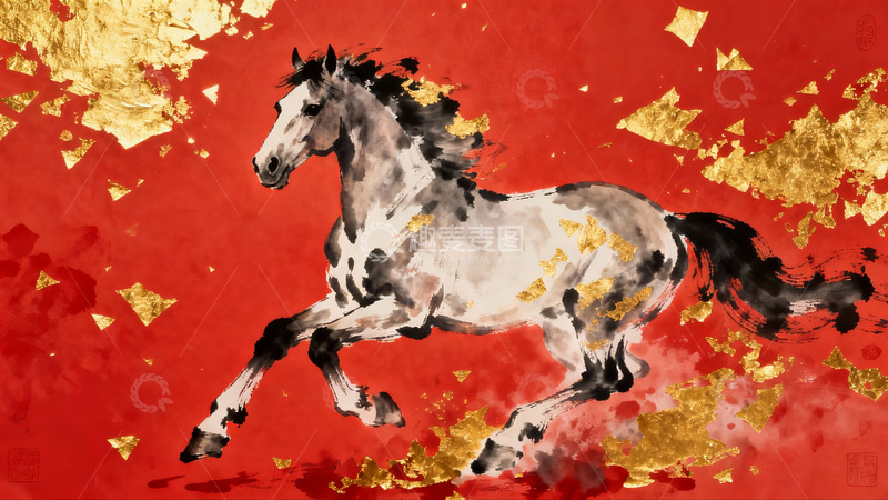 高清大图下载【趣麦麦图】奔腾骏马水墨画