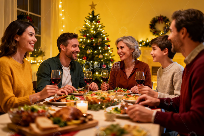 高清大图下载【趣麦麦图】圣诞家庭聚餐温馨场景
