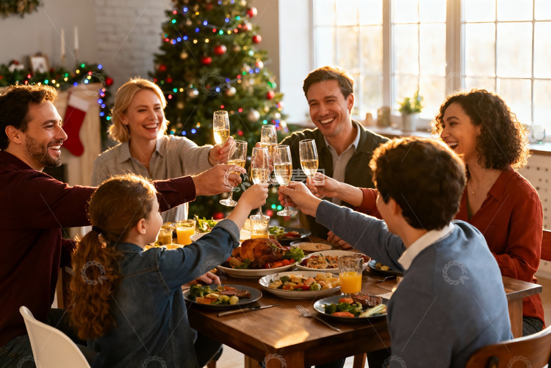 高清大图下载【趣麦麦图】圣诞家庭聚餐举杯欢庆