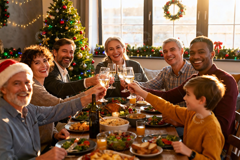 高清大图下载【趣麦麦图】圣诞家庭聚餐举杯欢庆