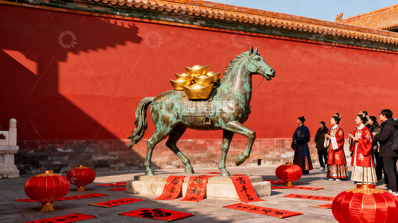 高清大图下载【趣麦麦图】古建筑前铜马雕像与身着汉服人群