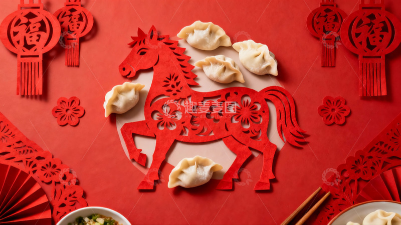 高清大图下载【趣麦麦图】春节饺子与剪纸马装饰