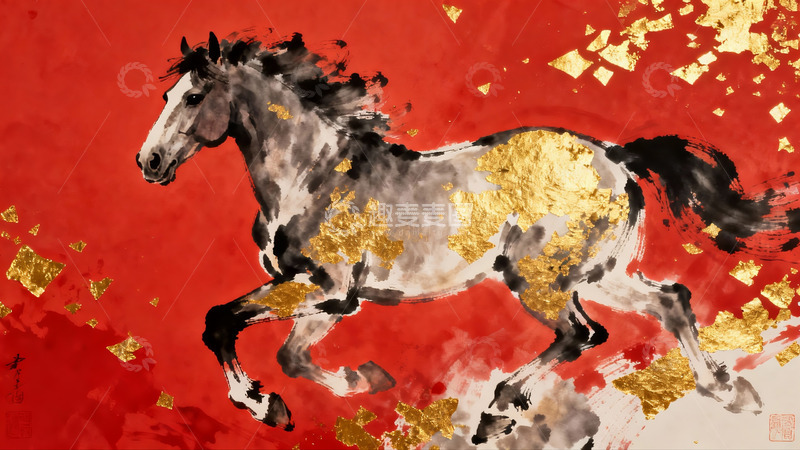 高清大图下载【趣麦麦图】奔腾骏马水墨画金箔点缀