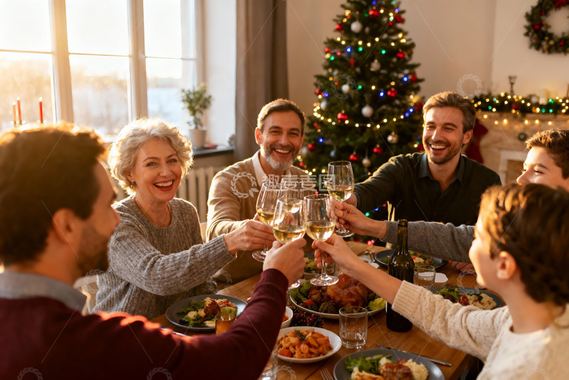 高清大图下载【趣麦麦图】圣诞家庭聚餐举杯欢庆