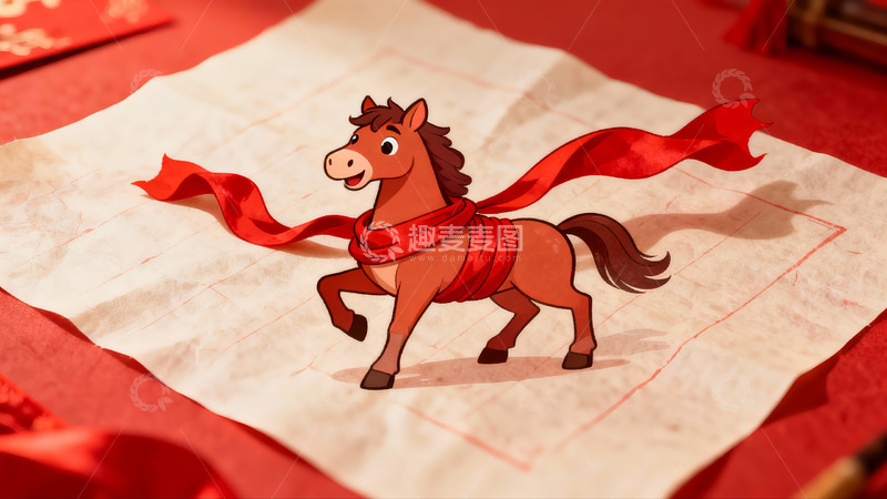 高清大图下载【趣麦麦图】红色丝带装饰的卡通马形象