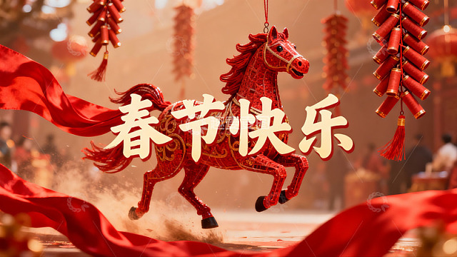 春节装饰红马奔腾喜庆氛围