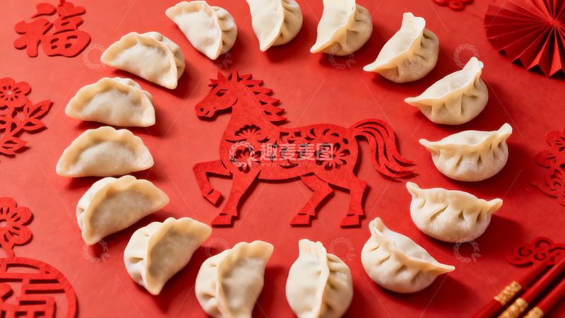 高清大图下载【趣麦麦图】春节饺子与剪纸马装饰