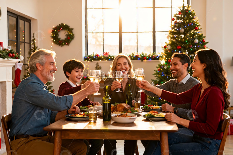 高清大图下载【趣麦麦图】圣诞家庭聚餐举杯欢庆