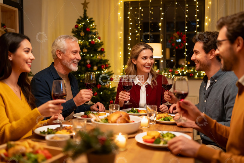 高清大图下载【趣麦麦图】圣诞夜家人聚餐欢庆