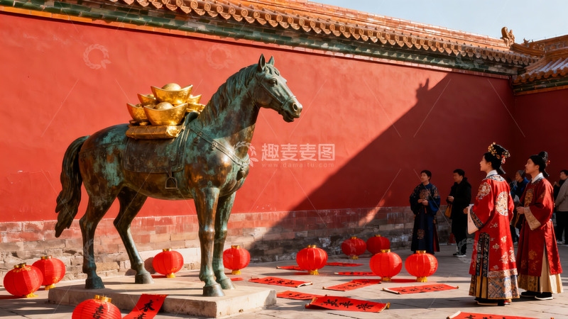 高清大图下载【趣麦麦图】古建筑前铜马雕像与身着古装人群