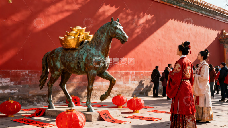 高清大图下载【趣麦麦图】古装女子观赏铜马雕像