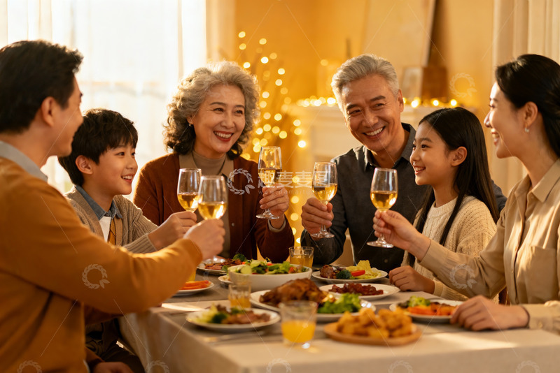 高清大图下载【趣麦麦图】温馨家庭聚餐举杯欢庆