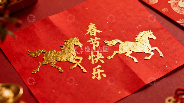 春节贺卡上的金色马图案