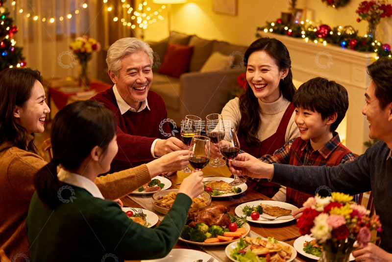 高清大图下载【趣麦麦图】温馨家庭圣诞聚餐举杯欢庆