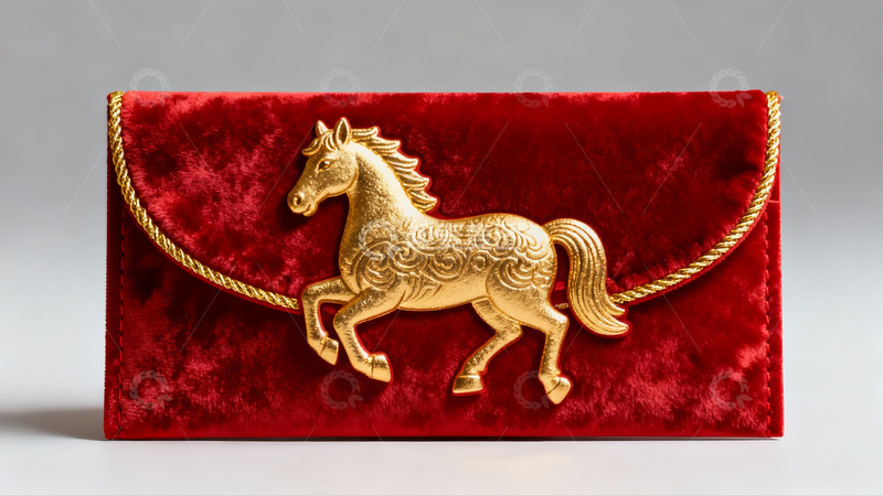 高清大图下载【趣麦麦图】红色绒面马形装饰手拿包