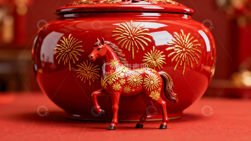 高清大图下载【趣麦麦图】红色马形摆件与烟花罐