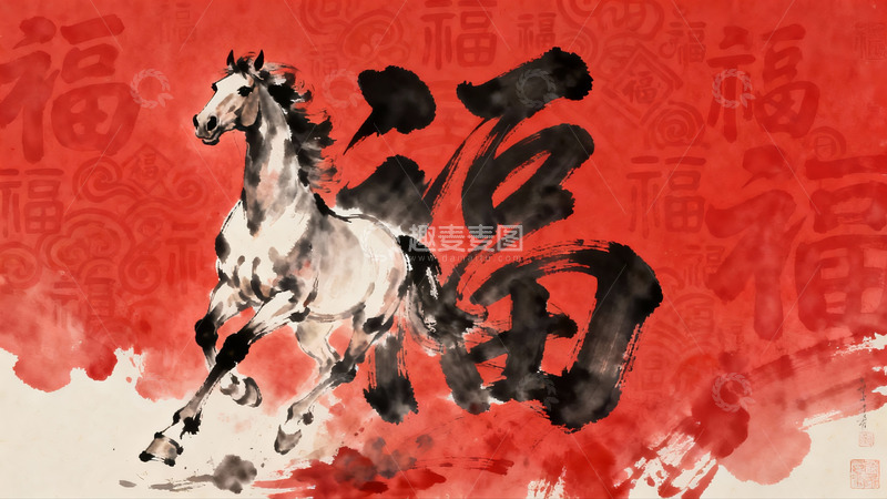 高清大图下载【趣麦麦图】水墨骏马奔腾图