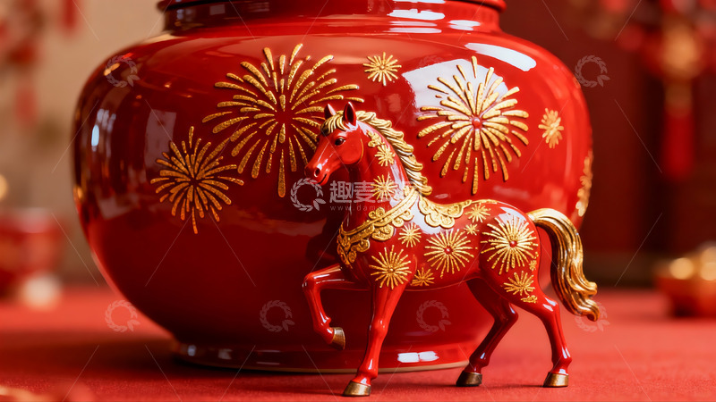 高清大图下载【趣麦麦图】红色马形摆件与烟花罐