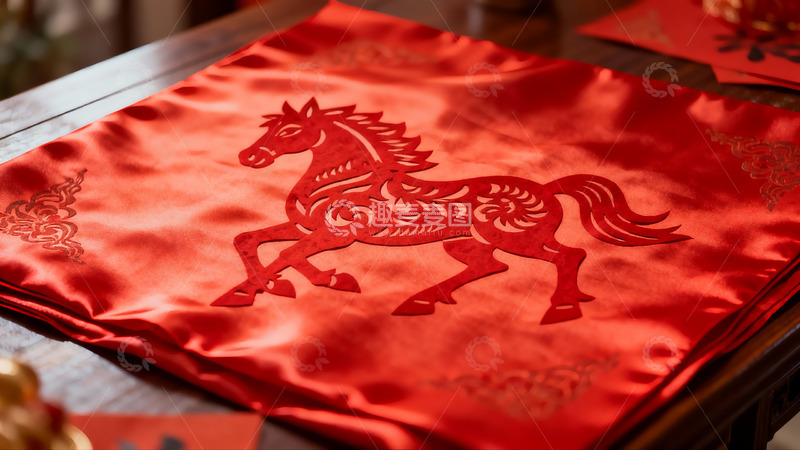 高清大图下载【趣麦麦图】红色布料上的马形剪纸艺术