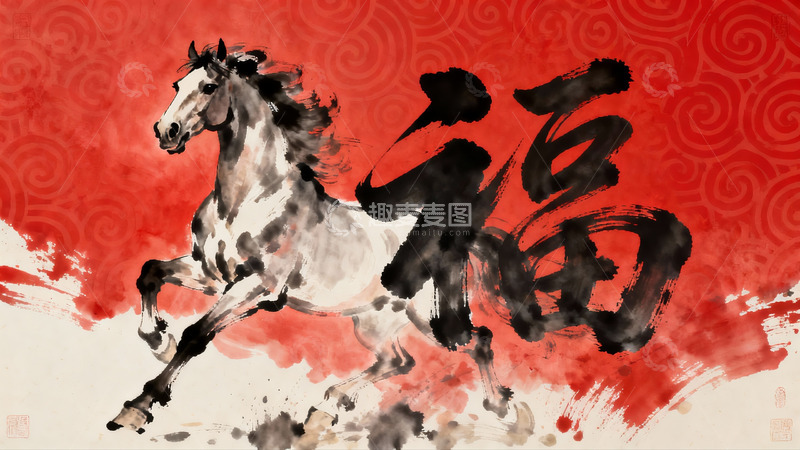 高清大图下载【趣麦麦图】奔马书法艺术画