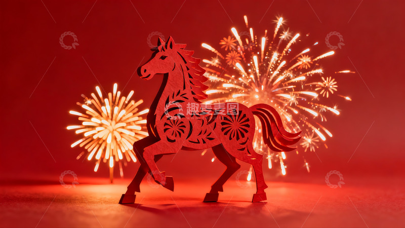 高清大图下载【趣麦麦图】红色剪纸马与烟花背景