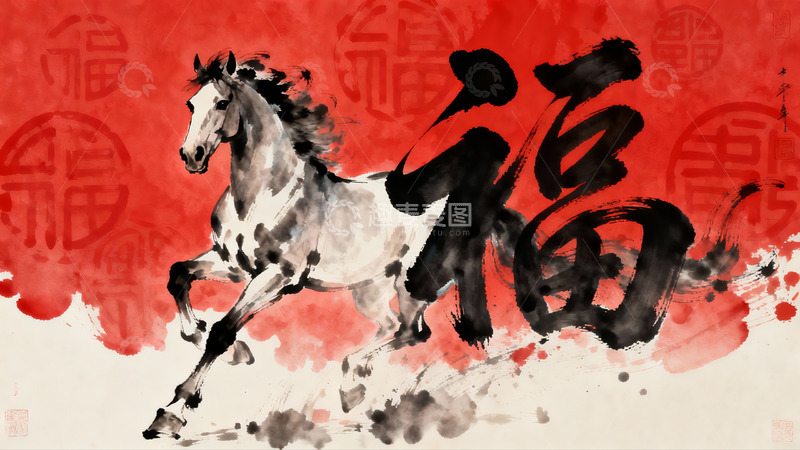 高清大图下载【趣麦麦图】奔腾骏马与福字书法艺术
