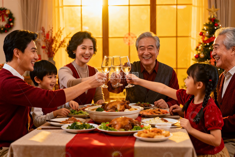 高清大图下载【趣麦麦图】温馨家庭圣诞聚餐举杯欢庆