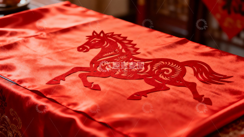 高清大图下载【趣麦麦图】红色绸布上的骏马剪纸艺术