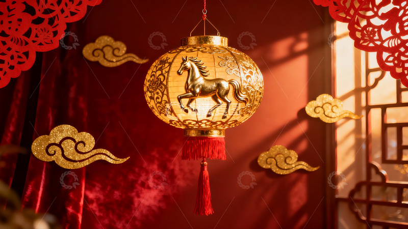 高清大图下载【趣麦麦图】金色马形灯笼映衬红色喜庆氛围