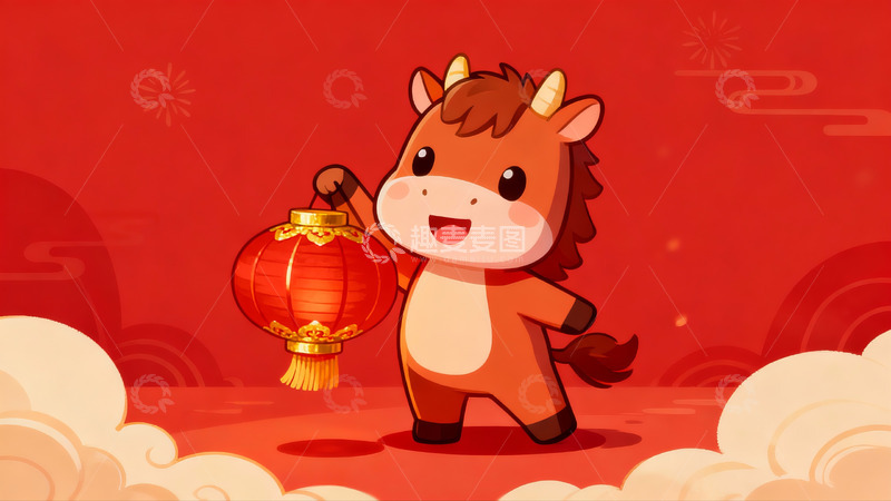 高清大图下载【趣麦麦图】卡通牛手持红灯笼迎新春