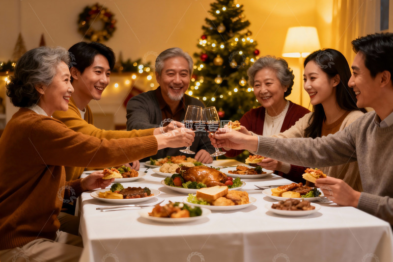 高清大图下载【趣麦麦图】圣诞家庭聚餐举杯欢庆