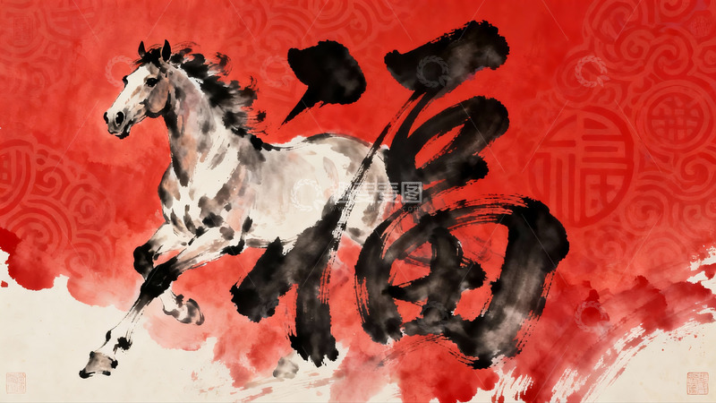 高清大图下载【趣麦麦图】奔马福字水墨画