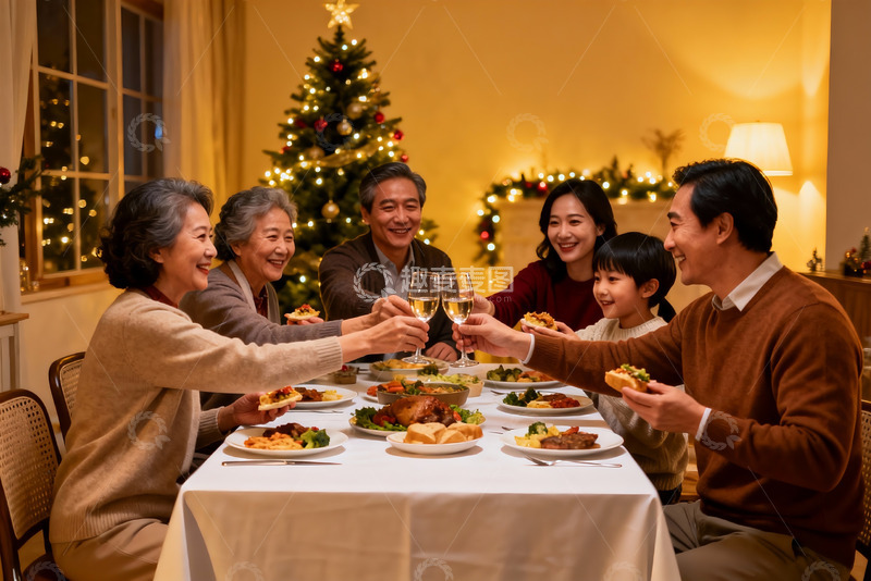 高清大图下载【趣麦麦图】圣诞家庭聚餐举杯欢庆