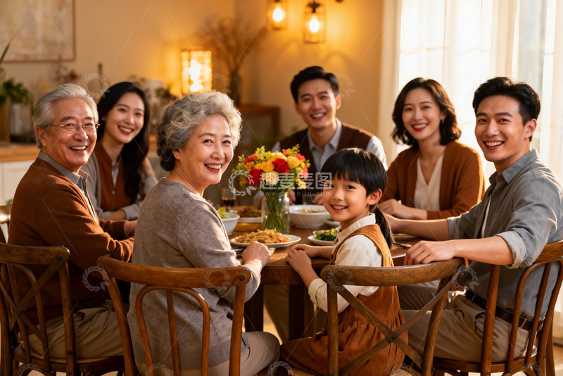 高清大图下载【趣麦麦图】三代同堂家庭聚餐温馨场景