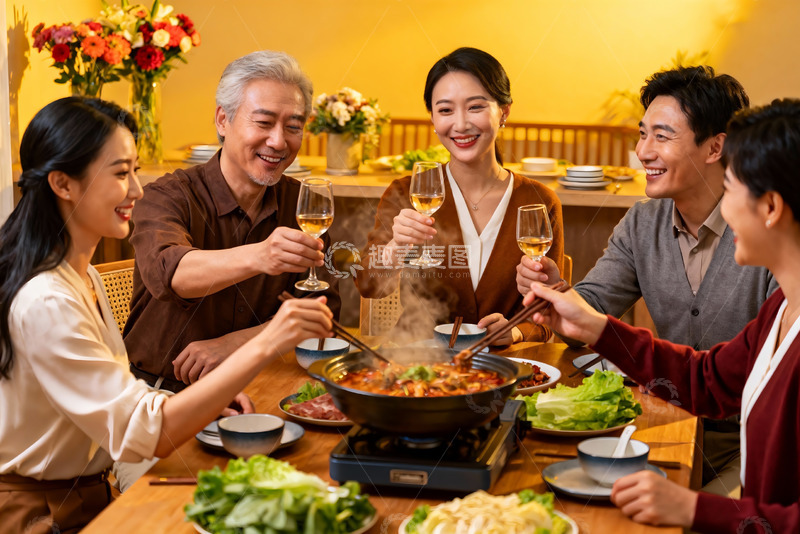 高清大图下载【趣麦麦图】家人围坐火锅宴欢聚一堂