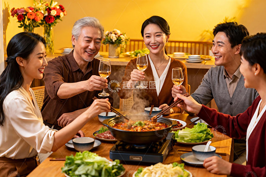 家人围坐火锅宴欢聚一堂