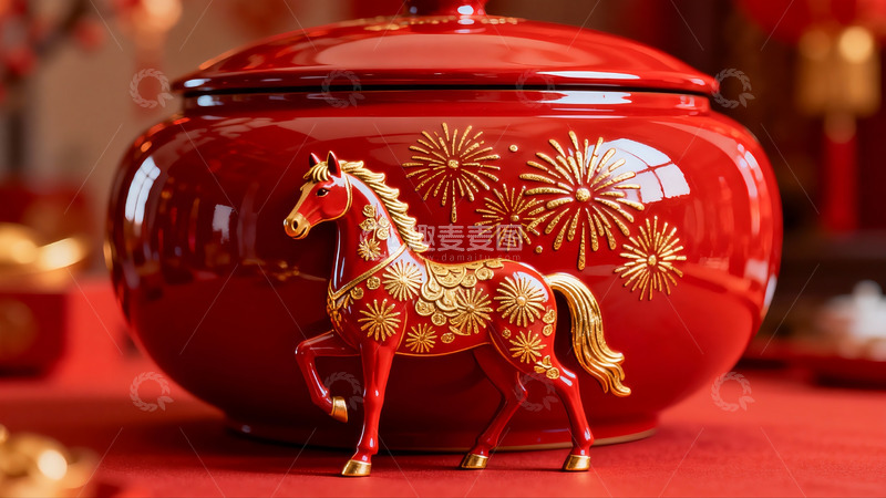 高清大图下载【趣麦麦图】红色马形摆件与烟花罐