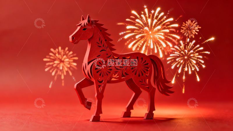 高清大图下载【趣麦麦图】红色剪纸马与烟花背景