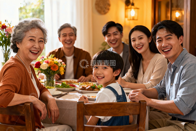 高清大图下载【趣麦麦图】三代同堂家庭聚餐温馨场景
