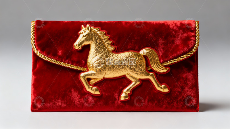 高清大图下载【趣麦麦图】红色绒面马形装饰手拿包