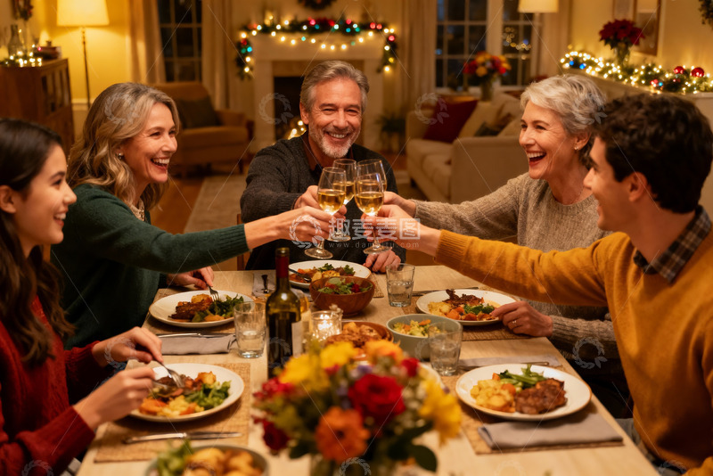 高清大图下载【趣麦麦图】温馨家庭聚餐举杯欢庆