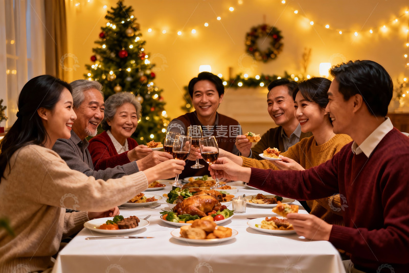 高清大图下载【趣麦麦图】圣诞家庭聚餐举杯欢庆
