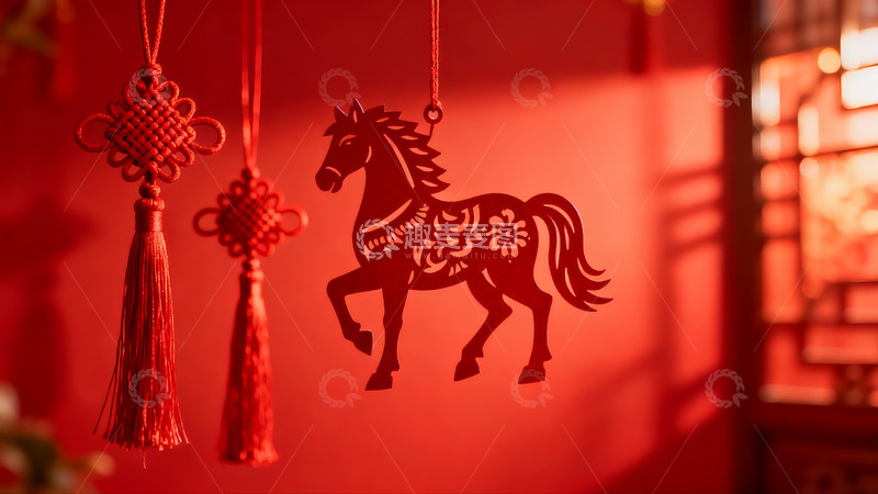 高清大图下载【趣麦麦图】红色剪纸马与中国结挂饰