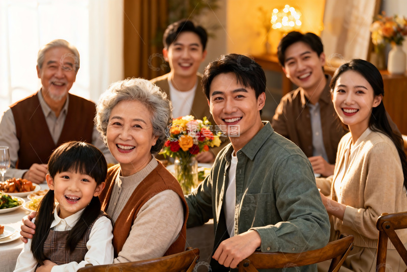 高清大图下载【趣麦麦图】三代同堂家庭聚餐温馨场景