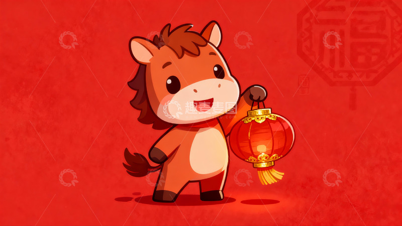 高清大图下载【趣麦麦图】卡通小马手持红灯笼庆祝节日