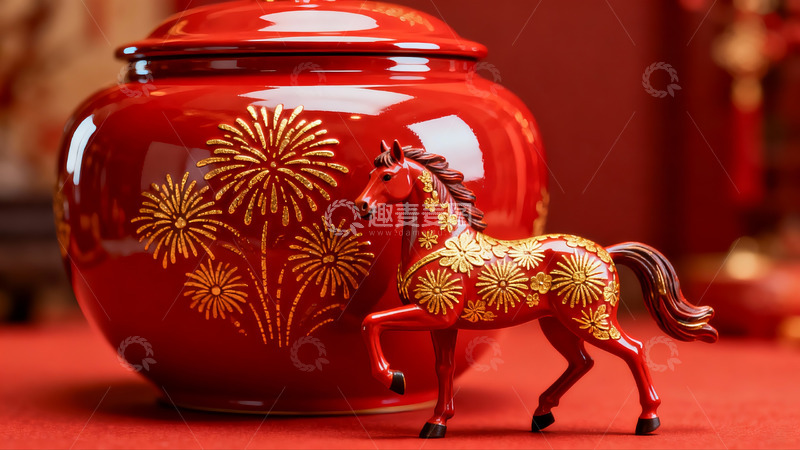 高清大图下载【趣麦麦图】红色马形摆件与烟花罐
